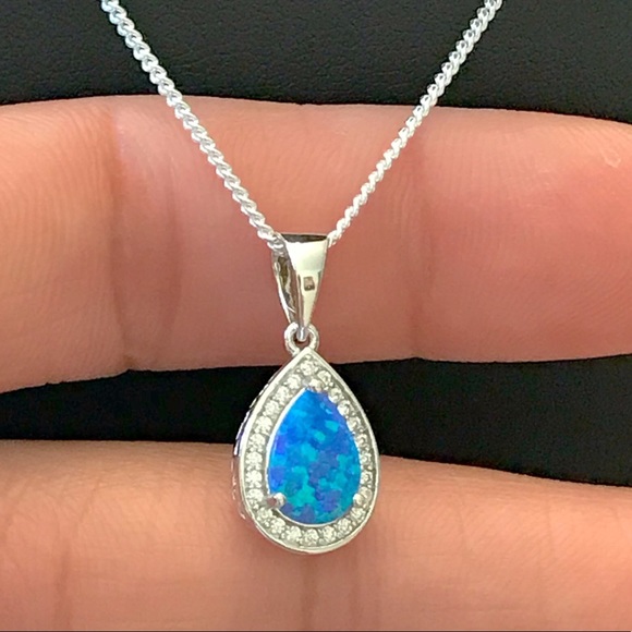 Blue Opal and CZ Sterling Silver Necklace - Picture 2 of 8